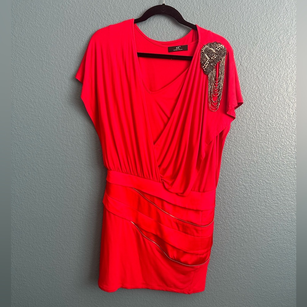 Red mini dress with beaded shoulder